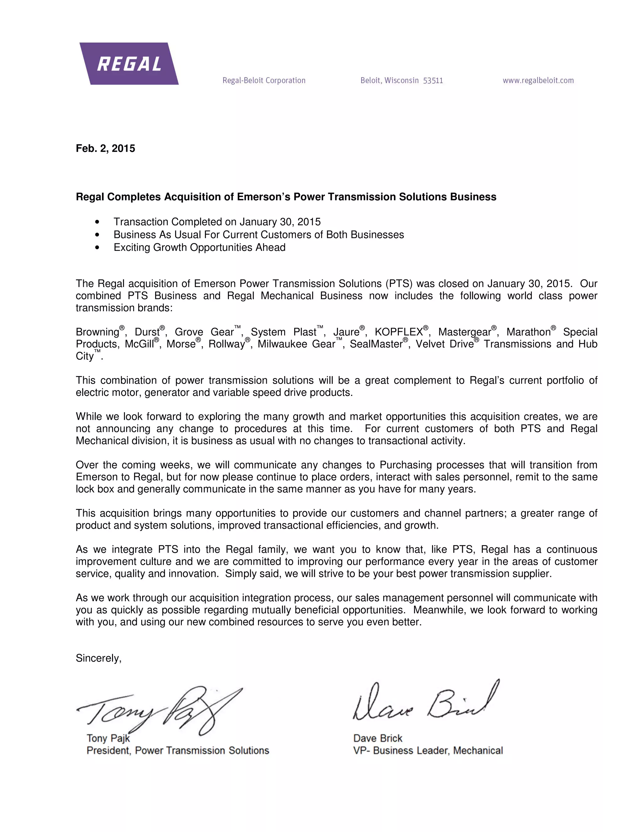 Feb 2 2015 customer communication letter | PDF