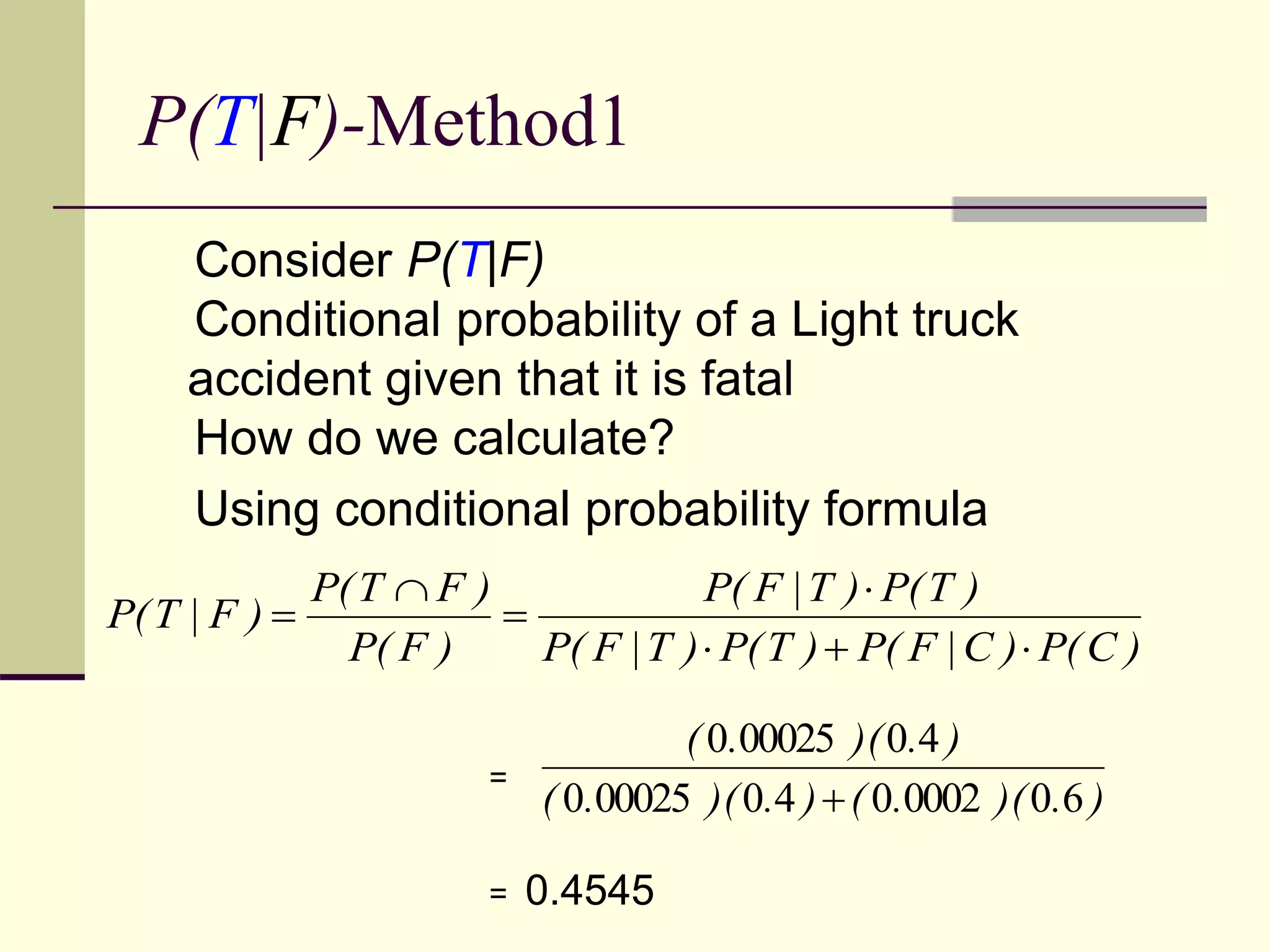 P(T|F)-Method1
Consider P(T|F)
Conditional probability of a Light truck
accident given that it is fatal
How do we calculate?
Using conditional probability formula
)
C
(
P
)
C
|
F
(
P
)
T
(
P
)
T
|
F
(
P
)
T
(
P
)
T
|
F
(
P
)
F
(
P
)
F
T
(
P
)
F
|
T
(
P







)
.
)(
.
(
)
.
)(
.
(
)
.
)(
.
(
6
0
0002
0
4
0
00025
0
4
0
00025
0

=
= 0.4545
 