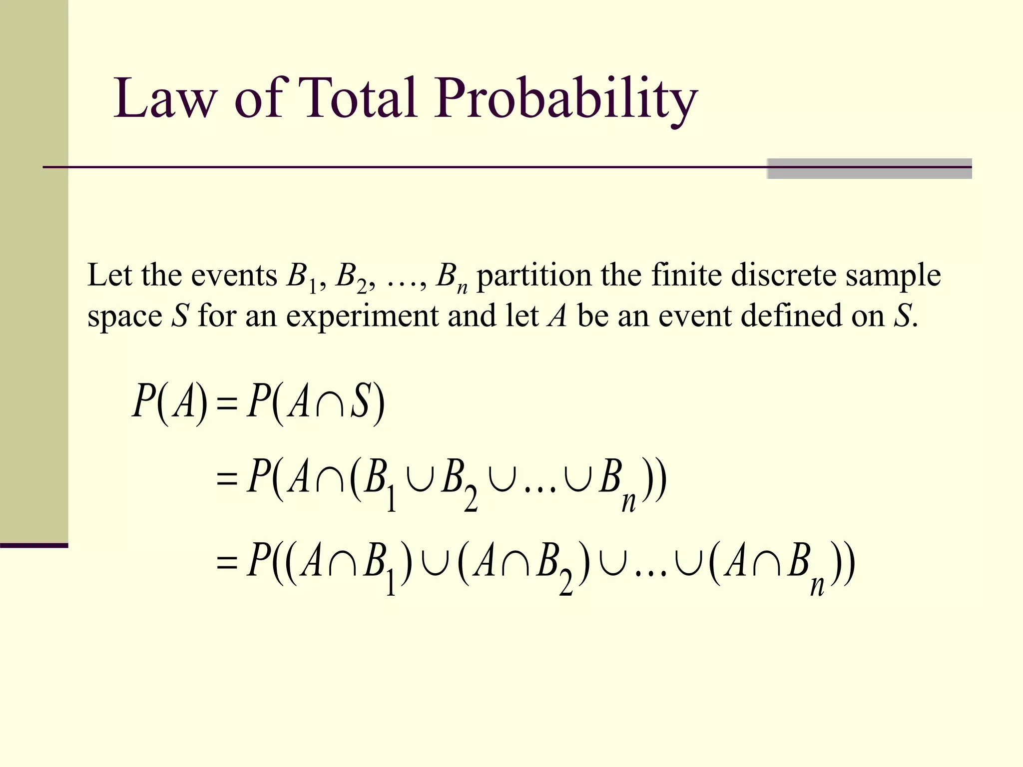 Law of Total Probability
))
(
)
(
)
((
))
(
(
)
(
)
(
2
1
2
1
n
n
B
A
B
A
B
A
P
B
B
B
A
P
S
A
P
A
P
















Let the events B1, B2, , Bn partition the finite discrete sample
space S for an experiment and let A be an event defined on S.
 