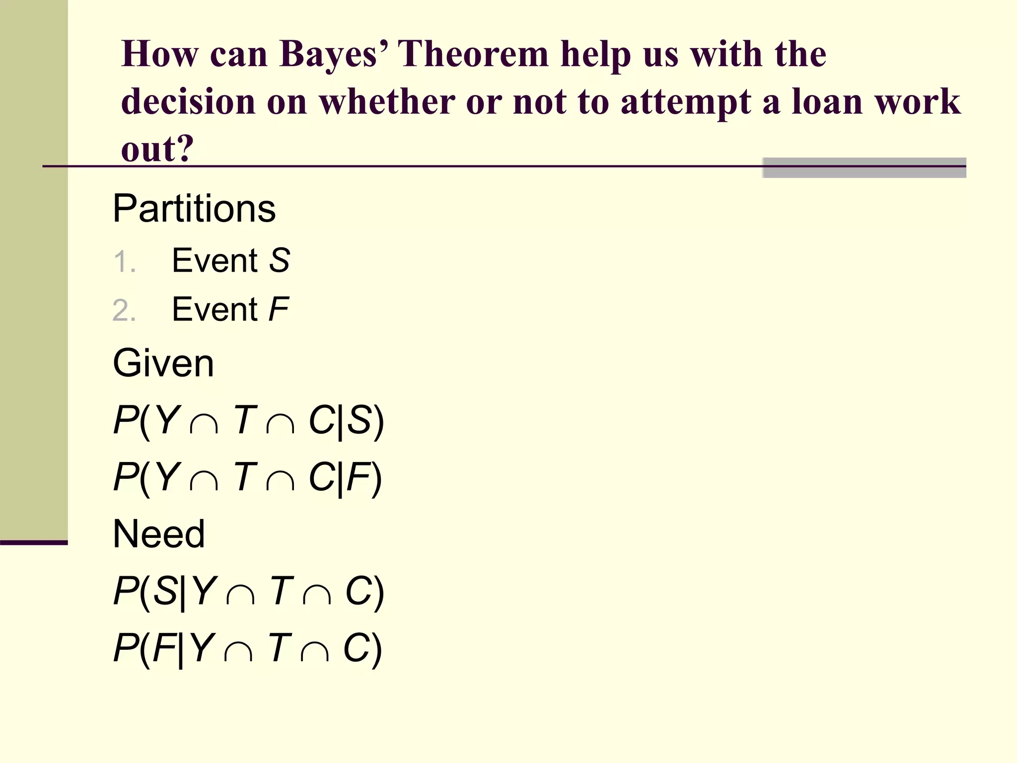 How can Bayes’ Theorem help us with the
decision on whether or not to attempt a loan work
out?
Partitions
1. Event S
2. Event F
Given
P(Y  T  C|S)
P(Y  T  C|F)
Need
P(S|Y  T  C)
P(F|Y  T  C)
 