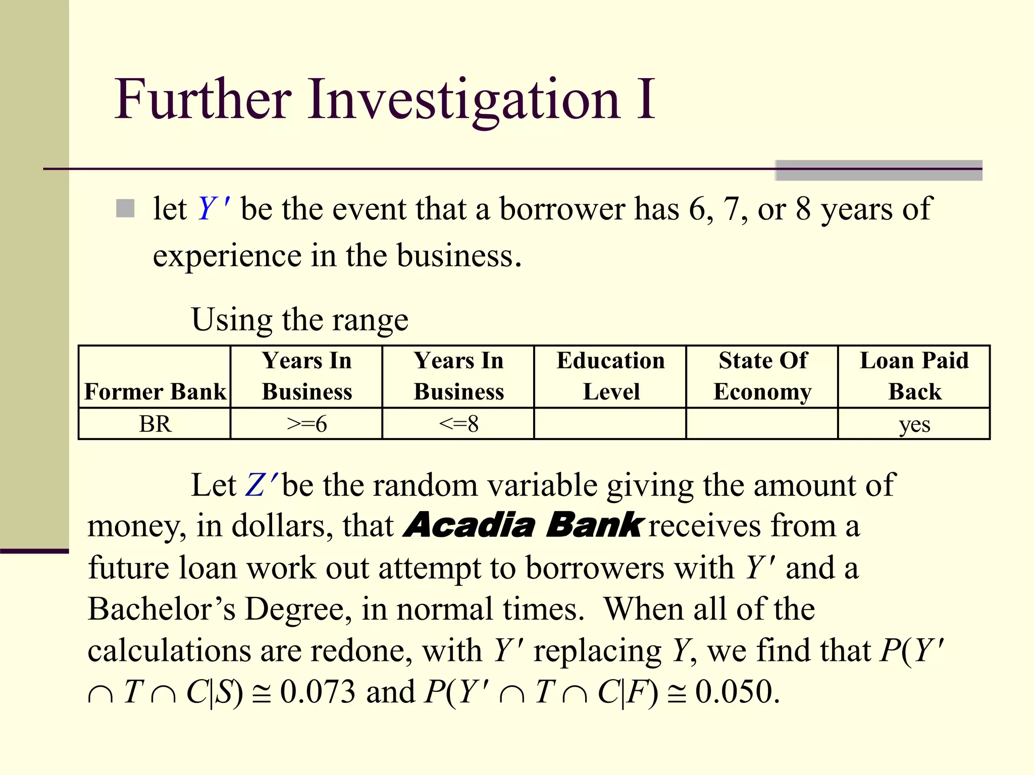 Further Investigation I
 let Y  be the event that a borrower has 6, 7, or 8 years of
experience in the business.
Using the range
Let Z be the random variable giving the amount of
money, in dollars, that Acadia Bank receives from a
future loan work out attempt to borrowers with Y  and a
Bachelor’s Degree, in normal times. When all of the
calculations are redone, with Y  replacing Y, we find that P(Y 
 T  C|S)  0.073 and P(Y   T  C|F)  0.050.
Former Bank
Years In
Business
Years In
Business
Education
Level
State Of
Economy
Loan Paid
Back
BR >=6 <=8 yes
 