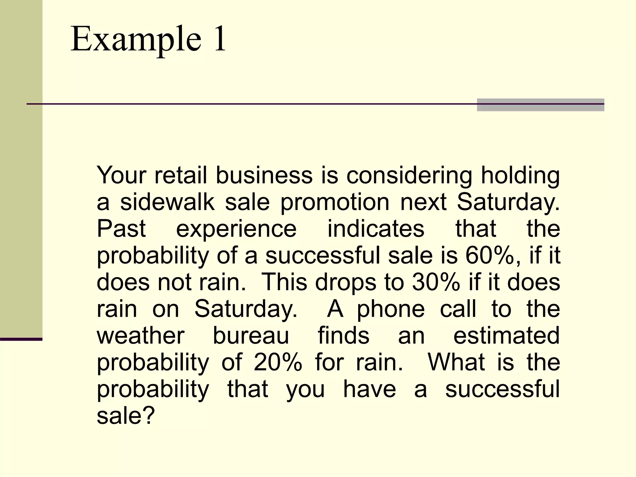 Example 1
Your retail business is considering holding
a sidewalk sale promotion next Saturday.
Past experience indicates that the
probability of a successful sale is 60%, if it
does not rain. This drops to 30% if it does
rain on Saturday. A phone call to the
weather bureau finds an estimated
probability of 20% for rain. What is the
probability that you have a successful
sale?
 