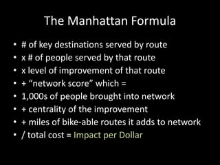 The Manhattan Formula# of key destinations served by routex # of people served by that routex level of improvement of that route+ “network score” which =1,000s of people brought into network+ centrality of the improvement+ miles of bike-able routes it adds to network/ total cost = Impact per Dollar 