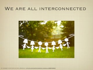 We are all interconnected




cc licensed ﬂickr photo by Erica_Marshall: http://ﬂickr.com/photos/erica_marshall/2885783824/
 