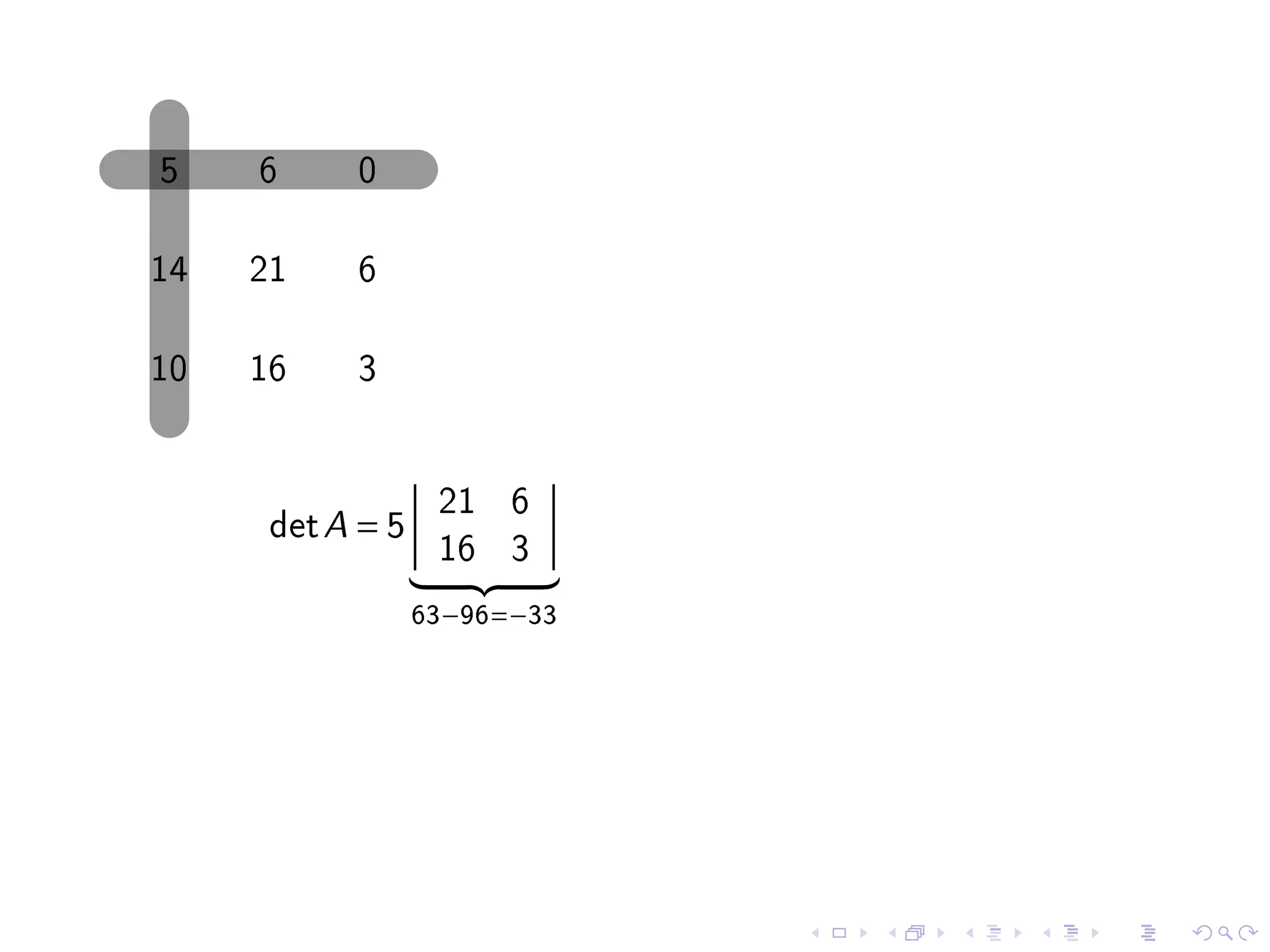 5    6     0

14   21    6

10   16    3

                   21 6
      det A = 5
                   16 3
                  63−96=−33
 
