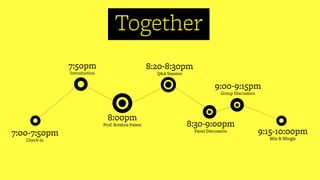 Together
              7:50pm                               8:20-8:30pm
              Introduction                           Q&A Session


                                                                              9:00-9:15pm
                                                                                Group Discussion




                               8:00pm
                             Prof. Krishna Palem                   8:30-9:00pm
7:00-7:50pm                                                         Panel Discussion               9:15-10:00pm
   Check-in                                                                                          Mix & Mingle
 