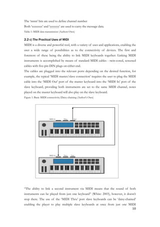 The ‘nnnn’ bits are used to define channel number
Both ‘xxxxxxx’ and ‘yyyyyyy’ are used to carry the message data.
Table 1: MIDI data transmission (Authors Own)
2.2 c) The Practical Uses of MIDI
MIDI is a diverse and powerful tool, with a variety of uses and applications, enabling the
user a wide range of possibilities as to the connectivity of devices. The first and
foremost of these being the ability to link MIDI keyboards together: Linking MIDI
instruments is accomplished by means of standard MIDI cables - twin-cored, screened
cables with five-pin DIN plugs on either end.
The cables are plugged into the relevant ports depending on the desired function, for
example, the typical ‘MIDI master/slave connection’ requires the user to plug the MIDI
cable into the ‘MIDI Out’ port of the master keyboard into the ‘MIDI In’ port of the
slave keyboard, providing both instruments are set to the same MIDI channel, notes
played on the master keyboard will also play on the slave keyboard.
Figure 1: Basic MIDI connectivity/Daisy-chaining (Author’s Own)
!
“The ability to link a second instrument via MIDI means that the sound of both
instruments can be played from just one keyboard” (White: 2003), however, it doesn’t
stop there. The use of the ‘MIDI Thru’ port slave keyboards can be ‘daisy-chained’
enabling the player to play multiple slave keyboards at once from just one MIDI
	10
 