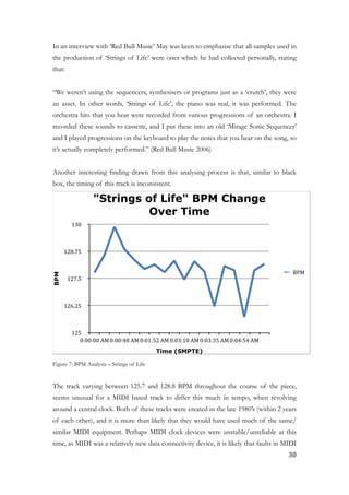 In an interview with ‘Red Bull Music’ May was keen to emphasise that all samples used in
the production of ‘Strings of Life’ were ones which he had collected personally, stating
that:
!
“We weren’t using the sequencers, synthesisers or programs just as a ‘crutch’, they were
an asset. In other words, ‘Strings of Life’, the piano was real, it was performed. The
orchestra hits that you hear were recorded from various progressions of an orchestra. I
recorded these sounds to cassette, and I put these into an old ‘Mirage Sonic Sequencer’
and I played progressions on the keyboard to play the notes that you hear on the song, so
it’s actually completely performed.” (Red Bull Music 2006)
!
Another interesting finding drawn from this analysing process is that, similar to black
box, the timing of this track is inconsistent.
!
Figure 7: BPM Analysis – Strings of Life
!
The track varying between 125.7 and 128.8 BPM throughout the course of the piece,
seems unusual for a MIDI based track to differ this much in tempo, when revolving
around a central clock. Both of these tracks were created in the late 1980’s (within 2 years
of each other), and it is more than likely that they would have used much of the same/
similar MIDI equipment. Perhaps MIDI clock devices were unstable/unreliable at this
time, as MIDI was a relatively new data connectivity device, it is likely that faults in MIDI
"Strings of Life" BPM Change
Over Time
BPM
125
126.25
127.5
128.75
130
Time (SMPTE)
0:00:00	AM 0:00:48	AM 0:01:52	AM 0:03:10	AM 0:03:35	AM 0:04:54	AM
BPM
	30
 