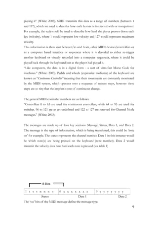 playing it” (White: 2003). MIDI transmits this data as a range of numbers (between 1
and 127), which are used to describe how each feature is interacted with or manipulated.
For example, the scale could be used to describe how hard the player presses down each
key (velocity), where 1 would represent low velocity and 127 would represent maximum
velocity.
This information is then sent between/to and from, other MIDI devices/controllers or
to a computer based interface or sequencer where it is decoded to either re-trigger
another keyboard or visually recorded into a computer sequencer, where it could be
played back through the keyboard just as the player had played it.
“Like computers, the data is in a digital form - a sort of ultra-fast Morse Code for
machines.” (White: 2003). Pedals and wheels (expressive mediums) of the keyboard are
known as “Continuous Controller” meaning that their movements are constantly monitored
by the MIDI system, which operates over a sequence of minute steps, however these
steps are so tiny that the imprint is one of continuous change.
!
The general MIDI controller numbers are as follows:
“Controllers 0 to 63 are used for continuous controllers, while 64 to 95 are used for
switches. 96 to 121 are as yet undefined and 122 to 127 are reserved for Channel Mode
messages.” (White: 2003).
!
The messages are made up of four key sections: Message, Status, Data 1, and Data 2.
The message is the type of information, which is being transferred, this could be ‘note
on’ for example. The status represents the channel number. Data 1 in this instance would
be which note(s) are being pressed on the keyboard (note number). Data 2 would
transmit the velocity data how hard each note is pressed (see table 1)
!
!
!
!
!
!
Status Data 1 Data 2
The ‘sss’ bits of the MIDI message define the message type.
1 s s s n n n n 0 x x x x x x x 0 y y y y y y y
	9
8	Bits
 