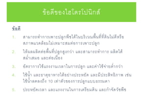 ข้อดี
1. สามารถทาการเพาะปลูกพืชได้ในบริเวณพื้นที่ที่ดินไม่ดีหรือ
สภาพแวดล้อมไม่เหมาะสมต่อการเพาะปลูก
2. ให้ผลผลิตต่อพื้นที่ปลูกสูงกว่า และสามารถทาการ ผลิตได้
สม่าเสมอ และต่อเนื่อง
3. อัตราการใช้แรงงานเวลาในการปลูก และค่าใช้จ่ายต่ากว่า
4. ใช้น้า และธาตุอาหารได้อย่างประหยัด และมีประสิทธิภาพ เช่น
ใช้น้าลดลงถึง 10 เท่าตัวของการปลูกแบบธรรมดา
5. ประหยัดเวลา และแรงงานในการเตรียมดิน และกาจัดวัชพืช
ข้อดีของไฮโดรโปนิกส์
 
