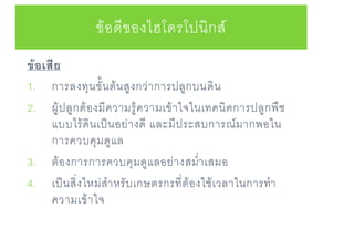 ข้อเสีย
1. การลงทุนขั้นต้นสูงกว่าการปลูกบนดิน
2. ผู้ปลูกต้องมีความรู้ความเข้าใจในเทคนิคการปลูกพืช
แบบไร้ดินเป็นอย่างดี และมีประสบการณ์มากพอใน
การควบคุมดูแล
3. ต้องการการควบคุมดูแลอย่างสม่าเสมอ
4. เป็นสิ่งใหม่สาหรับเกษตรกรที่ต้องใช้เวลาในการทา
ความเข้าใจ
ข้อดีของไฮโดรโปนิกส์
 