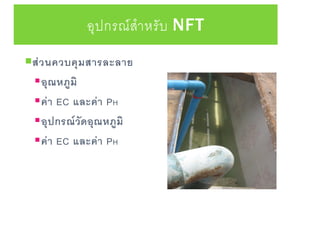 อุปกรณ์สาหรับ NFT
ส่วนควบคุมสารละลาย
อุณหภูมิ
ค่า EC และค่า PH
อุปกรณ์วัดอุณหภูมิ
ค่า EC และค่า PH
 