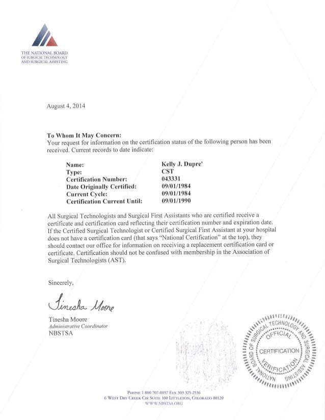 Verification of Surgical Tech. Certification