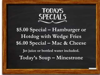 $5.00 Special – Hamburger or
Hotdog with Wedge Fries
$6.00 Special – Mac & Cheese
Jet juice or bottled water included.
Today’s Soup – Minestrone
 