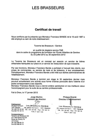 Certificat de travail - Taverne des Brasseurs, Cornavin