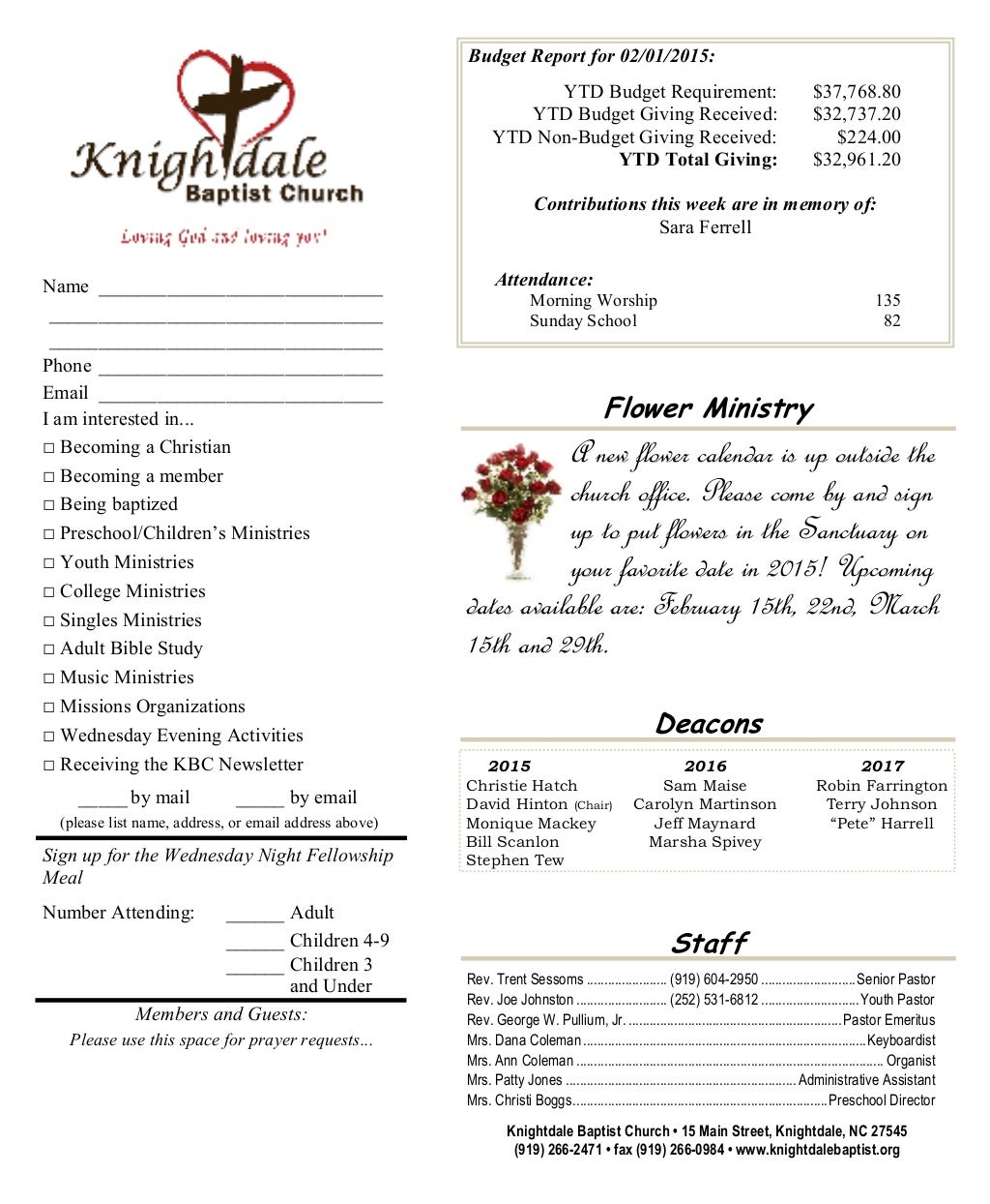 Knightdale Baptist Church Worship Bulletin Feb 8, 2015