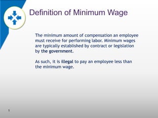 1
The minimum amount of compensation an employee
must receive for performing labor. Minimum wages
are typically established by contract or legislation
by the government.
As such, it is illegal to pay an employee less than
the minimum wage.
 
