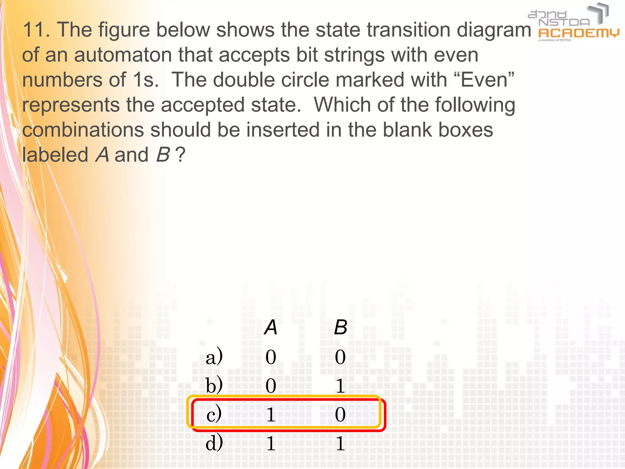 11. The figure below shows the state transition diagram
of an automaton that accepts bit strings with even
numbers of 1s. The double circle marked with “Even”
represents the accepted state. Which of the following
combinations should be inserted in the blank boxes
labeled A and B ?




                          A      B
                   a)     0      0
                   b)     0      1
                   c)     1      0
                   d)     1      1
 