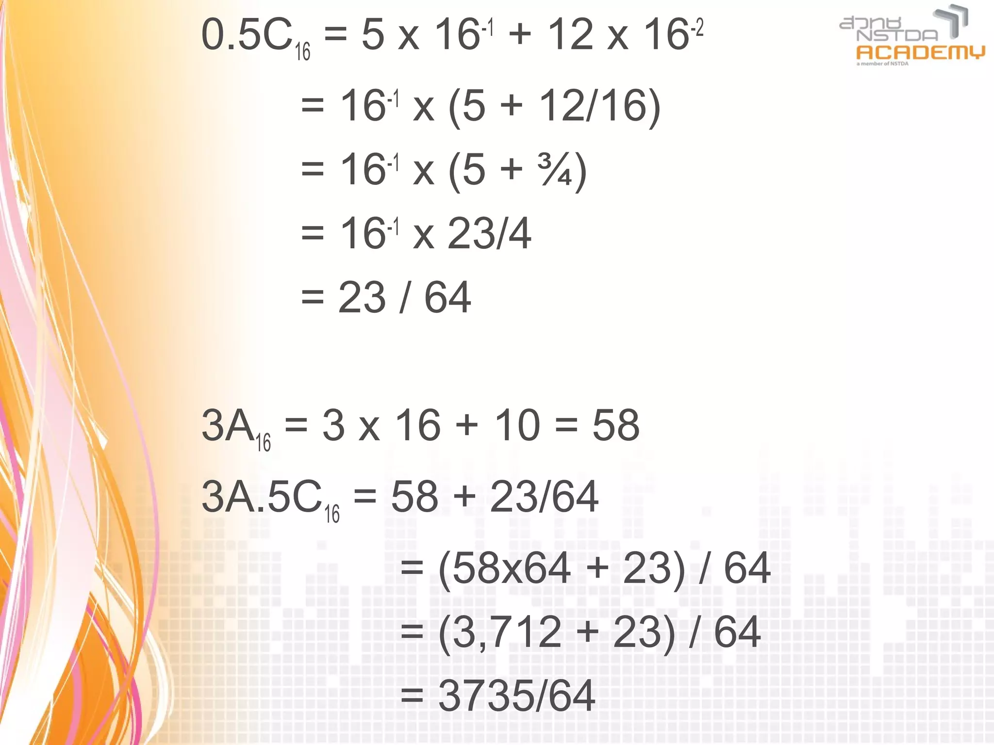 0.5C16 = 5 x 16-1 + 12 x 16-2
     = 16-1 x (5 + 12/16)
     = 16-1 x (5 + ¾)
     = 16-1 x 23/4
     = 23 / 64

3A16 = 3 x 16 + 10 = 58
3A.5C16 = 58 + 23/64
           = (58x64 + 23) / 64
           = (3,712 + 23) / 64
           = 3735/64
 