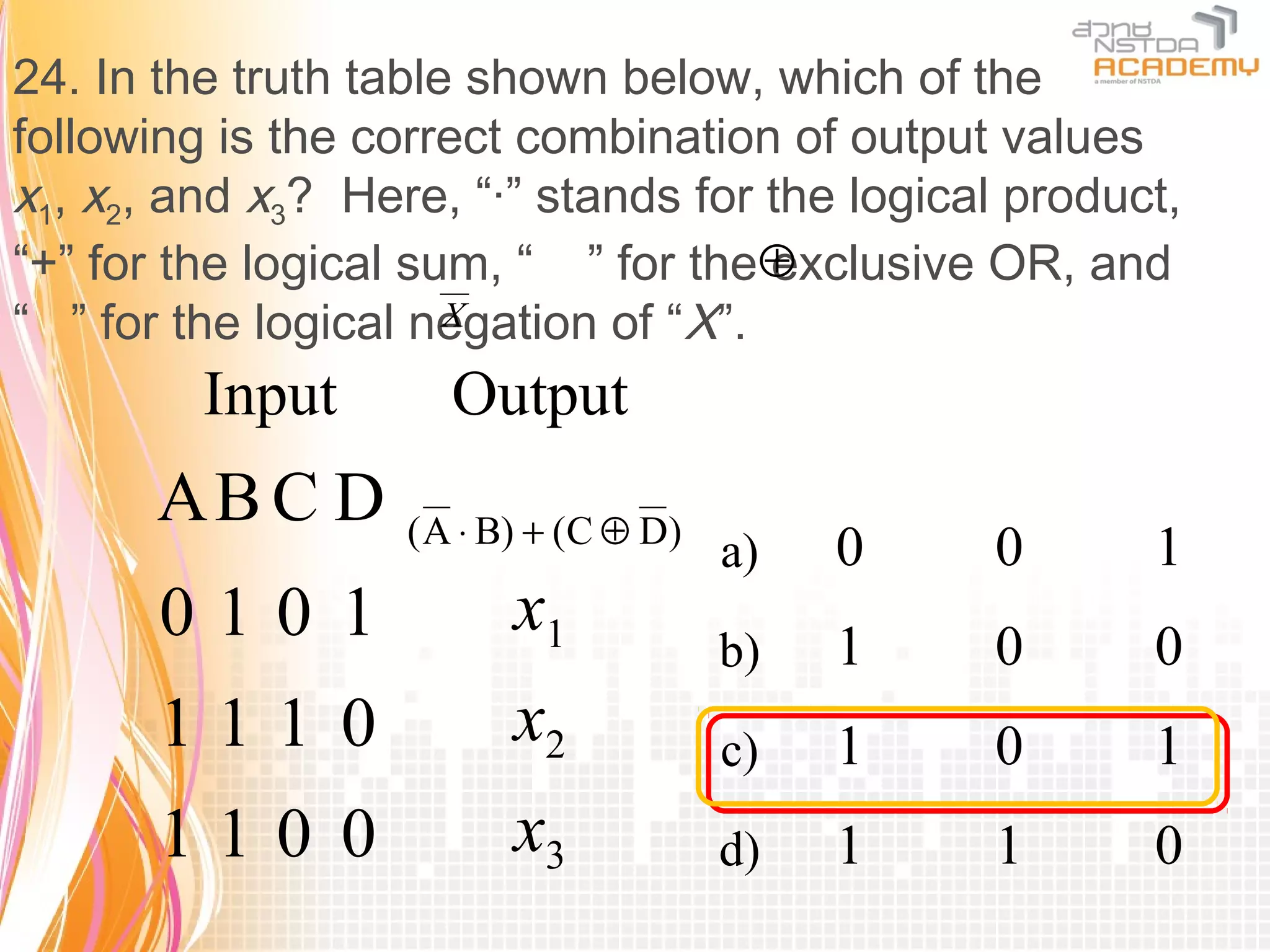 24. In the truth table shown below, which of the
following is the correct combination of output values
x1, x2, and x3? Here, “·” stands for the logical product,
“+” for the logical sum, “ ” for the⊕exclusive OR, and
“ ” for the logical negation of “X”.
                      X

         Input       Output
       AB C D      ( A ⋅ B) + (C ⊕ D)
                                        a)   0   0     1
       010 1             x1
                                        b)   1   0     0
       111 0             x2             c)   1   0     1
       110 0             x3             d)   1   1     0
 