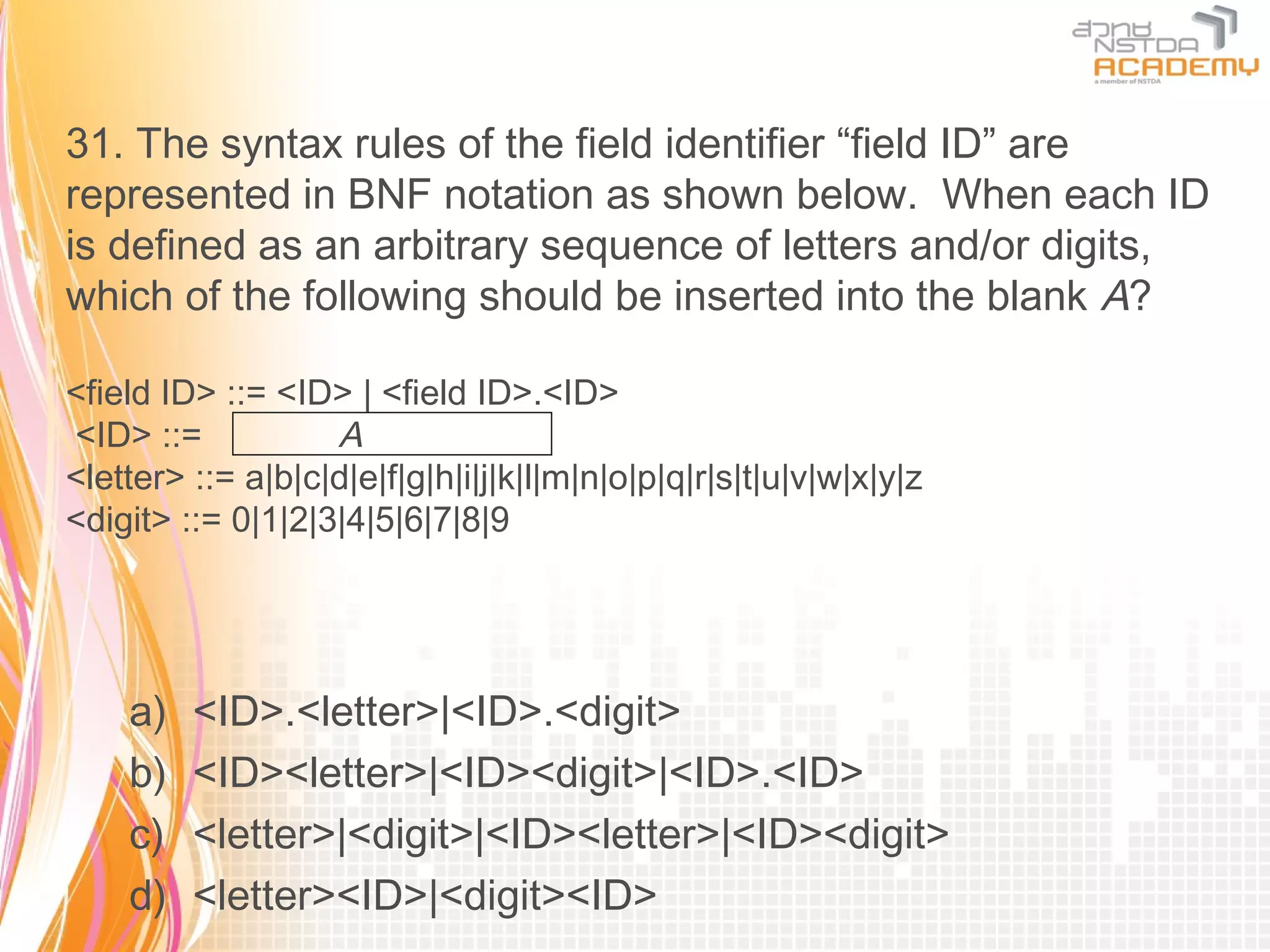 31. The syntax rules of the field identifier “field ID” are
represented in BNF notation as shown below. When each ID
is defined as an arbitrary sequence of letters and/or digits,
which of the following should be inserted into the blank A?

<field ID> ::= <ID> | <field ID>.<ID>
 <ID> ::=          A
<letter> ::= a|b|с|d|e|f|g|h|i|j|k|l|m|n|o|p|q|r|s|t|u|v|w|x|y|z
<digit> ::= 0|1|2|3|4|5|6|7|8|9




    a)   <ID>.<letter>|<ID>.<digit>
    b)   <ID><letter>|<ID><digit>|<ID>.<ID>
    c)   <letter>|<digit>|<ID><letter>|<ID><digit>
    d)   <letter><ID>|<digit><ID>
 