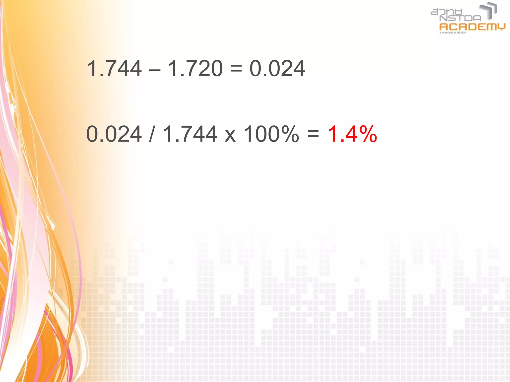 1.744 – 1.720 = 0.024

0.024 / 1.744 x 100% = 1.4%
 