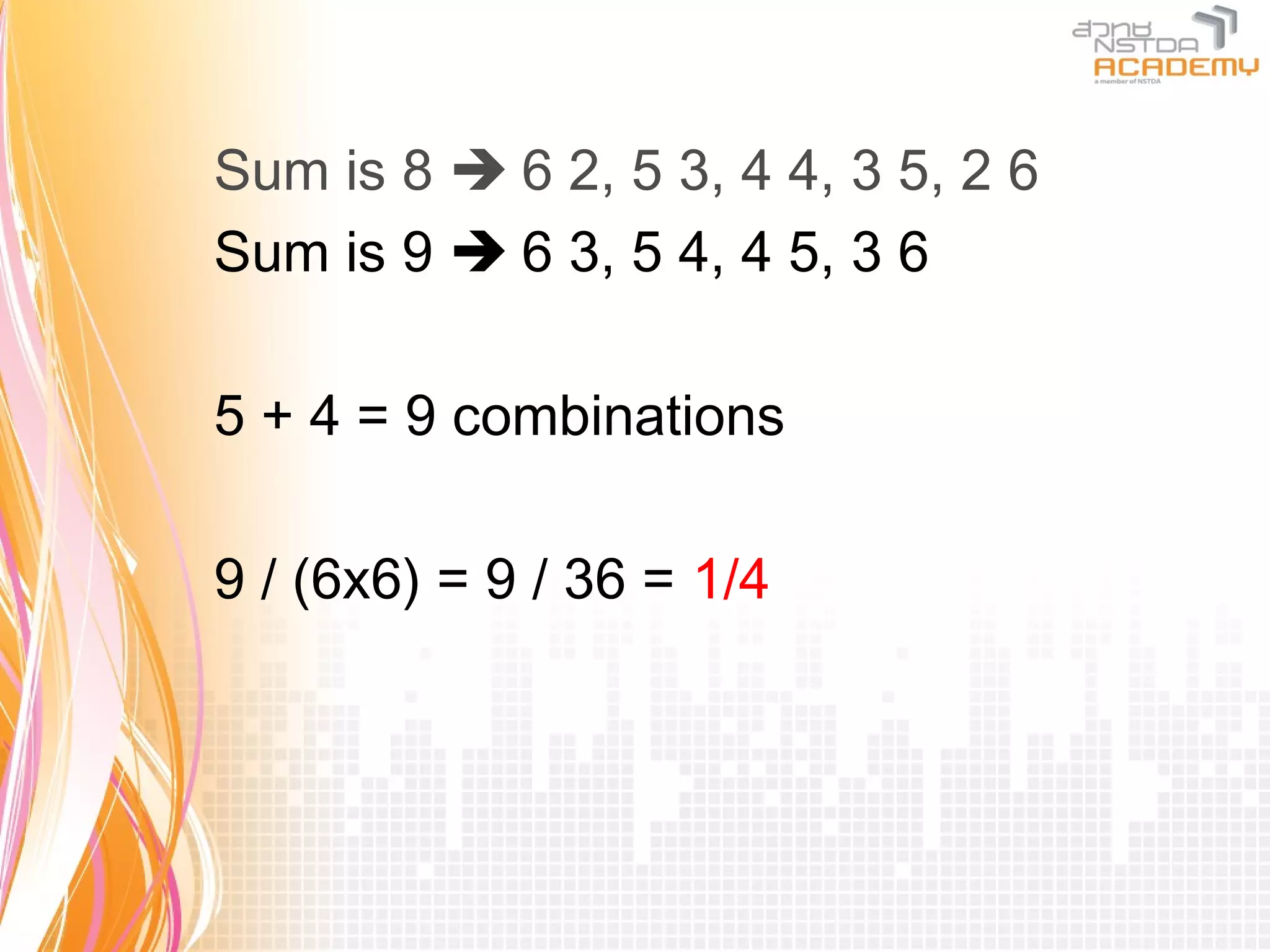 Sum is 8  6 2, 5 3, 4 4, 3 5, 2 6
Sum is 9  6 3, 5 4, 4 5, 3 6

5 + 4 = 9 combinations

9 / (6x6) = 9 / 36 = 1/4
 
