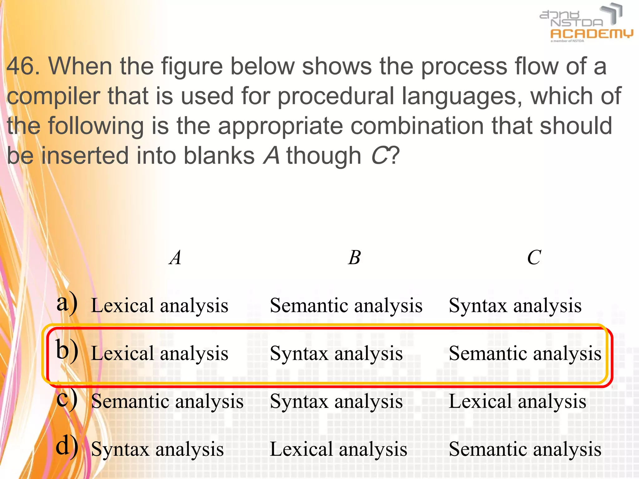 46. When the figure below shows the process flow of a
compiler that is used for procedural languages, which of
the following is the appropriate combination that should
be inserted into blanks A though C?



    　             A                   B                   C

    a)   Lexical analysis    Semantic analysis   Syntax analysis

    b)   Lexical analysis    Syntax analysis     Semantic analysis

    c)   Semantic analysis   Syntax analysis     Lexical analysis

    d)   Syntax analysis     Lexical analysis    Semantic analysis
 
