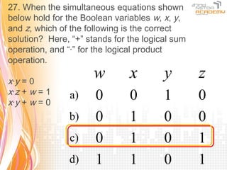 27. When the simultaneous equations shown
below hold for the Boolean variables w, x, y,
and z, which of the following is the correct
solution? Here, “+” stands for the logical sum
operation, and “·” for the logical product
operation.

x·y = 0
                      w        x        y        z
x·z + w = 1
x·y + w = 0
               a)     0        0        1        0
               b)     0        1        0        0
               c)     0        1        0        1
               d)     1        1        0        1
 