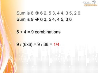 Sum is 8  6 2, 5 3, 4 4, 3 5, 2 6
Sum is 9  6 3, 5 4, 4 5, 3 6

5 + 4 = 9 combinations

9 / (6x6) = 9 / 36 = 1/4
 