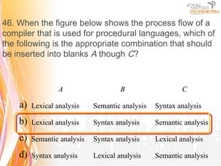 46. When the figure below shows the process flow of a
compiler that is used for procedural languages, which of
the following is the appropriate combination that should
be inserted into blanks A though C?



    　             A                   B                   C

    a)   Lexical analysis    Semantic analysis   Syntax analysis

    b)   Lexical analysis    Syntax analysis     Semantic analysis

    c)   Semantic analysis   Syntax analysis     Lexical analysis

    d)   Syntax analysis     Lexical analysis    Semantic analysis
 