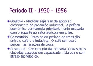 Período II - 1930 - 1956
Objetivo - Medidas esparsas de apoio ao
crescimento da produção industrial. A política
econômica permanecia prioritariamente ocupada
com o suporte ao setor agrícola em crise.
Comentário - Trata-se do período de transição
entre o café e a indústria. O café começa a
perder nas relações de troca.
Resultado - Crescimento da industria a taxas mais
elevadas baseado em capacidade instalada e com
atraso tecnológico.
 