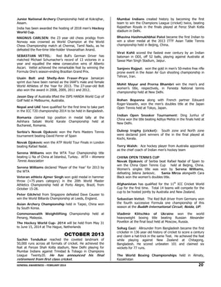 Junior National Archery Championship held at Kokrajhar,
Assam.
India has been awarded the hosting of 2018 men's Hockey
World Cup.
MAGNUS CARLSEN: the 23 year old chess prodigy from
Norway was crowned as World Champion at the World
Chess Championship match at Chennai, Tamil Nadu, as he
defeated the five-time title-holder Viswanathan Anand.
SEBASTIAN VETTEL:
Red Bull's German Driver has
matched Michael Schumacher's record of 13 victories in a
year and equalled the nine consecutive wins of Alberto
Ascari. Vettel achieved the remarkable feat by winning the
Formula One's season-ending Brazilian Grand Prix.
Usain Bolt and Shelly-Ann Fraser-Pryce Jamaican
sprint duo have been named as the IAAF’s male and female
World Athletes of the Year for 2013. The 27-year-old Bolt
also won the award in 2008, 2009, 2011 and 2012.
Jason Day of Australia lifted the ISPS HANDA World Cup of
Golf held in Melbourne, Australia.
Nepal and UAE have qualified for the first time to take part
in the ICC T20 championship 2014 to be held in Bangladesh.
Romania claimed top position in medal tally at the
Ashihara Sabaki World Karate Championship held at
Bucharest, Romania.
Serbia's Novak Djokovic won the Paris Masters Tennis
tournament beating David Ferrer of Spain
Novak Djokovic won the ATP World Tour Finals in London
beating Rafael Nadal.
Serena Williams won the WTA Tour Championship title
beating Li Na of China at Istanbul, Turkey. WTA – Womens

Tennis Association

Serena Williams declared ‘Player of the Year’ for 2013 by
the WTA
Veteran athlete Ajmer Singh won gold medal in hammer
throw (+75 years category) in the 20th World Master
Athletics Championship held at Porto Alegre, Brazil, from
October 15-28.
Peter Gilchrist from Singapore defeated Dave Causier to
win the World Billiards Championship at Leeds, England.
Asian Archery Championship held in Taipei, China won
by South Korea.
Commonwealth Weightlifting Championship held at
Penang, Malaysia.
The Hockey World Cup- 2014 will be held from May 31
to June 15, 2014 at The Hague, Netherlands

OCTOBER 2013

Sachin Tendulkar reached the coveted landmark of
50,000 runs across all formats of cricket. He achieved the
feat at Feroze Shah Kotla stadium, New Delhi playing for
Mumbai Indians against Trinidad & Tobago in Champions
League Twenty20. He has announced his final

retirement from first class cricket.

Mumbai Indians created history by becoming the first
team to win the Champions League (cricket) twice, beating
Rajasthan Royals in the finals played at Feroz Shah Kotla
stadium in Delhi.
Bhavina Hashmukhbhai Patel became the first Indian to
win a silver medal at the 2013 ITTF Asian Table Tennis
championship held in Beijing, China.
Virat Kohli scored the fastest ever century by an Indian
batsman in ODI, off 52 balls, playing against Australia at
Sawai Man Singh Stadium, Jaipur.
Sanjeev Rajput: won the gold in men’s 50-metre free rifle
prone event in the Asian Air Gun shooting championship in
Tehran, Iran.
Mohit Mayur and Prerna Bhambri win the men’s and
women’s title, respectively, in Fenesta National tennis
championship held at New Delhi.
Rohan Bopanna along with French partner Edouard
Roger-Vasselin, won the men’s doubles title at the Japan
Open Tennis held at Tokyo, Japan.
Indian Open Snooker Tournament: Ding Junhui of
China won the title beating Aditya Mehta in the finals held at
New Delhi.
Duleep trophy (cricket): South zone and North zone
were declared joint winners of the in the final played at
Kochi, Kerala.
Terry Walsh: Ace hockey player from Australia appointed
as the chief coach of Indian men's hockey team
CHINA OPEN TENNIS CUP
Novak Djokovic of Serbia beat Rafael Nadal of Spain to
win the China Open Tennis Cup
held at Beijing, China.
Women’s singles title was won by Serena Williams,
defeating Jelena Jankovic.
Sania Mirza alongwith Cara
Black won the women’s doubles title.
Afghanistan has qualified for the 11th ICC Cricket World
Cup for the first time. Total 14 teams will compete for the
cup to be hosted jointly by Australia and New Zealand.
Sebastian Vettel: The Red Bull driver from Germany won
the fourth successive Formula one championship of this
season at the Buddh International Circuit, Noida, UP.
Vladimir Klitschko of Ukraine won the world
heavyweight boxing title beating Russian Alexander
Povetkin at the final bout held at Moscow, Russia.
Sohag Gazi: Allrounder from Bangladesh became the first
cricketer in 136 year old history of cricket to score a century
and claim a hat-trick in the same Test. He achieved the feat
while playing against New Zealand at Chitagong,
Bangladesh. He scored unbeaten 101 and claimed six
wickets for 77 runs.
The World Boxing Championships held in Almaty,
Kazakhstan

GENERAL AWARENESS – FEBRUARY 2014                                                                                                                                                                                                           

20 

 