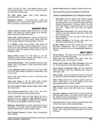 historic 110-mile (177 kms) swim between Havana, Cuba
and Key West, Florida, in 52 hr. 54 min. 18.6 sec, without
the protection of a shark cage.
The BWF Japan Open
tournament held in Tokyo.

Super

Series

Badminton

Sebastiaan Bowier:
23-year-old Dutch cyclist has
pedalled his way to a world record, hitting a speed of more
than 133.78 kph in a desert track in USA.

AUGUST 2013
Indian women's recurve team (archery) won the gold
medal in the World Cup Archery (Stage IV) at Wroclaw,
Poland, beating the South Korean team.
Indian girls created history by winning country's first
ever bronze medal in the junior women hockey World Cup
as they pipped England at Monchengladbach, Germany.

Sardara Singh selected as Captain of Indian Hockey team
International Association of Athletics Federations
WORLD CHAMPIONSHIPS 2013, MOSCOW, RUSSIA.
Usain Bolt, the iconic sprinter from Jamaica, equaled
the world record of winning eight gold medals at
international level, as he secured three golds the World
Athletics Championships in Moscow, Russia. The only
three other athletes to achieve this fete are track stars
from USA - Allyson Felix, Carl Lewis and Michael
Johnson.
Shelly Ann Fraser Pryce: First women sprinter (from
Jamaica) to win both individual 100 meter / 200 meter
and 4 x 100 m relay
Mo Farah(UK): He won the gold in 500 meter and
10,000 meter race
Yelena Isinbayeva: The Russian pole vaulter won
fthe world championship for the third time.

P V Sindhu, India's rising shuttler made history by
becoming the first Indian woman singles player to win a
medal at the World Badminton Championships by winning
the bronze medal after beating Shixian Wang of China at
Guangzhou, China

Lin Dan (China) won the men’s singles title at the World
Badminton Championship held at Guangzhou, China.
Women’s singles title was won by Ratchanok Intanon of
Thailand.

Aditya Mehta became the first Indian to win the
quadrennial World Games Snooker Gold Medal at Cali,
Columbia, defeating China’s Liang Wenbo.  

Parvez Rasool: First player from Jammu and Kashmir to
be named in the Indian cricket team
India won the Tri-nation ODI cricket series after
defeating Sri Lanka in Port of Spain, Trinidad.

Venkat Rahul Ragala: India's weightlifter clinched a gold
medal in the 77 kg category in Asian Youth Games held at
Nanjing, China.

World Youth (Under-16) Chess Olympiad: India won
the title beating Iran in finals held at Chongqing, China

Lt Col. Sudhakar Jayant of Indian Army won gold medal
at the IWF World Masters wightlifting championships, held
in Turin, Italy.
Indian cricket team continues to top in ODI format since
February this year.
India beat Nepal to lift the South Asian Football
Federation Under-16 Championship title at Kathmandu.
The International Sepak Takraw Super Series 2013
held at New Delhi.
The Lusofonia Games held in Goa in Oct - Nov 2013.
These are the Portuguese Commonwealth Games
Himachal Pradesh’s Lahaul and Spiti district has set a
national record by organizing Half Marathon of 21
kilometers at the height of 10050 feet at Keylong.
The race was won by Baljinder Singh from Punjab.
Mahendra Singh Dhoni has been appointed the brand
ambassador to promote world’s largest football league
Barclays English Premier League football in India. 
40th National Women's Premier Chess Championship
held at Kolkata.

JULY 2013

Grand Master Parimarjan Negi won the Continental
Chess Association Open title, defeating Bindi Cheng in
Washington, USA.
Vikas Gowda: Ace discus thrower clinched the first gold
for India in the 20th Asian Athletics Championships in Pune.
Shiva Thapa became the youngest pugilist (boxer) to
clinch a gold medal in the 56 kg category at the Asian
Boxing Championships in Amman, Jordan.
Lajja Goswami won the silver medal in women's 50-metre
Rifle 3 Position event at the ISSF World Cup in Granada,
Spain.
Devendra Jhajharia created history by becoming the first
differently-abled Indian to win gold in javelin throw at the
IPC Athletics World Championships in Lyon, France. (IPC International Paralympics Committee).
Francisco Garcia of Spain has been appointed head coach
of the Indian senior women's basketball team.
5th National Fencing Federation Cup held at Patiala,
Punjab. Men’s trophy lifted by Services team and women’s
by Punjab.

GENERAL AWARENESS – FEBRUARY 2014                                                                                                                                                                                                          

30 

 