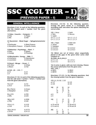 SSC ( GL ER I)
S C (CG TIER – I
(PRE
EVIOUS PAP
S
PER – I
I)
GENE
ERAL INT
TELLIGEN
NCE
rections (1-6 In each of the followin questions,
6):
f
ng
,
Dir
fin the relate word / number from the given
nd
ed
m
n
alt
ternatives.
ette : : Comp
puter : ?
1) Video : Casse
b) Fl
loppy
a) Files
d) Adit
c) Bits
ar
momanometer
r
2) Glucometer : Blood Suga :: Sphygm
:?
a) Earthquake
b) Blood Pressure
c) Atompsheric Pressure d) Specific Gravity
Psychology : : Plant : ?
3) Behaviour : P
b) Botany
a) Plant
d) Physiology
c) Zoology
a
4) Mitochondria : Energy : : DNA : ?
R
b) Reproduction
a) Inheritance
d) Im
mmunity
c) Locomotion
age : : Ocean : ?
5) Desert : Mira
W
b) Whale
a) E1-Nino
d) Hail
c) Blizard
315 : ?
6) 525 : 25 : : 3
a) 10
c) 5

b) 15
d) 25

rections (7-1
12): In each of the followin questions,
o
ng
,
Dir
fin the odd w
nd
word / numbe / letters / number pair
er
r
fro the given alternatives.
om
.

21.4
4.13

ctions (13-1
14): In the following question,
e
Direc
arrange the giv
ven words in a meaningful and
ending order and select th option ind
he
dicating the
asce
corre order.
ect
13) 1. Venus
ars
3. Ma
5. Jupiter
a) 4, 2, 1, 3, 5
c) 4, 1, 2, 3, 5

2. Eart
th
4. Mercury

14) 1. Pages
brary
3. Lib
5. Ca
atalogue
a) 2,5,4,3,1
4,2,5,3
c) 1,4

2. Book rack
4. Books

b) 4, 2 1, 5, 3
2,
d) 4, 1 2, 5, 3
1,

b) 1,5,
,4,3,2
d) 1,2,
,4,5,3

15) Which one set of lett
ters when s
sequentially
place at the ga
ed
aps in the g
given letter s
series shall
complete it?
babc_ab_b_b
bcb_b
ab_b
a) c b c a a
b) c a b a c
c) a b c b a
d) a c a c a
iven, with on term missing. Choose
ne
16) A series is gi
the c
correct altern
native from th given ones
he
s.
ABEF IJMN, ?
F,
a) QR
RVU
b) QRU
UV
c) QR
RVW
d) QSV
VU
ctions (17-21): In the fo
ollowing ques
stions, find
Direc
the m
missing numb from the given respon
ber
nses.
0,
17) 0 6, 24, 60, ?, 210
a) 11
17
c) 12
20

7) a) 3/7
c) 4/13

b) 7/
/2
d) 13
3/16

8) a) Marine
c) Navigation

b) Ocean
O
d) Se
ea

9) a) ZYX
c) NML

b) FE
ED
d) GHI
G

a) 6
c) 9

0)
10 a) XZY
c) PRQ

b) MON
M
d) EA
AC

19)

11 a) 1-5
1)
c) 5-65

b) 4-20
d) 7-35

2)
12 a) 46-10
c) 20-38

b) 42
2-33
d) 91-12

18)

49
4
25
10

2
3
4
5
a) 35 and 49
c) 21 and 42
1
20)

2
24
20

9
b) 119
d) 153
3

81
8
49
4
16
?

64
9
36
11
b) 4
d) 16

14
21
2
?

28
21
28
35
35
?
and
b) 28 a 42
d) 49 a 28
and

3
39
3
30
3

4
?
40

 GE
ENERAL AWARENE
ESS – FEBRUARY 2
2014                                                                                                                                                        
                           

              32 

 