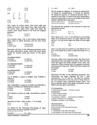 a) 44
c) 50

b) 49
d) 56

c) + and ÷

d) – and ÷

2
6
5
?
b) 68
d) 104

32) ‘B’ stands for addition, ‘G’ stands for subtraction,
‘E’ stands for multiplication, ‘C’ stands for division,
‘D’ stands for equal to, ‘A’ stands for greater than, ‘F’
stands for less than. In each of the four alternatives,
only one expression is correct according to the letter
symbol. Identify that expression.
a) 15 C 3 B 2 A 6 E 2
b) 15 B 2 G 5 A 4 G 4
c) 15 C 3 B 2 A 6 B 1
d) 15 B 3 D 4 E 6

22) x goes 15 metres North, then turns right and
walks 20 metres, then again turns right and walks
10 metres then again turns right and walks 20
metres. How many metres is he from his original
position?
a) 5 m
b) 10 m
c) 15 m
d) 20 m

33) Identify the symbols to be inserted to make the
expression correct.
24 ∆ 4 ∆ 5 ∆ 4
a) x + x
b) = x +
c) x + =
d) + = x

21)

7
4
2
39

3
9
1
65

a) 91
c) 56

23) A watch reads 7.30. If the minute hand points
West, then in which direction will the hour hand
point?
a) North
b) North East
c) North West
d) South East
Directions (24-26): In the following questions, from
the given alternative words, select the word which
cannot be formed using the letters of the given
word:
24) PENULTIMATE
a) PEANUT
c) ELIMINATE

b) MINUTE
d) LIME-TEA

25) PROCRASTINATE
a) PATTERN
c) PRINTED

b) TRACTOR
d) PAINTER

26) ADOLESCENT
a) ENCLOSE
c) SECRET

b) DONATE
d) LEAST

27) If SPANK is coded as PSNAK, then THROW is
coded as
a) HTWOR
b) HTWRO
c) HTROW
d) HTORW
28) If ANCIENT is coded as 2516859 and NATURE is
coded as 529048, the TRAIN will be coded as
a) 94285
b) 92456
c) 94265
d) 94168
29) If BLUE is written as EUBL, then BULB is written
as
a) BLUB
b) BBUL
c) BBLU
d) BLBU
30) 40% of 1620 + 30% of 960 = ? % of 5200
a) 12
b) 24
c) 16
d) 18
31) Which of the following interchange of signs
would make the given equation correct?
2 x 3 + 6 – 12 ÷ 4 = 17
a) x and +
b) + and –

34) 6 boys A, B, C, D, E, F are sitting in a row facing
West. D is between A and C. B is just right of C but
left of F. E is not at the right end. Who is at the right
end?
a) C
b) F
c) D
d) B
35) Y is in the East of X which is in the North of Z. If
P is in the South of Z, then in which direction of Y is
P?
a) North
b) East
c) South-East
d) South-West
36) Kate walks 4 km towards South. She then turns
towards her left and walks 8 km more. After that she
turns left again and walks another 8 km. Here, she
meets her friend coming from the opposite direction
and they both stop here. Which direction would she
be facing?
a) North
b) South
c) East
d) West
Directions (37-38): In the following questions, two
statements are given followed by two / four
conclusions I, II, III and IV. You have to consider
the two statements to be true even if they seem to
be at variance from commonly known facts. You
have to decide which of the given conclusions, if any,
follow from the given statements.
37) Statements:
I. Some birds are clouds. II. Horse is a bird.
Conclusions:
I. Some clouds are birds.
II. Horse is not a cloud.
a) Conclusion I follows.
b) Conclusion II follows.
c) Either conclusion I or II follows.
d) Neither conclusion I nor II follows.
38) Statements:
a) Ravi has five pens.
b) No one else in the class has five pens.
Conclusions:
I. All students in the class have pens.
II. All students in the class have five pens each.

 GENERAL AWARENESS – FEBRUARY 2014                                                                                                                                                                                  

               33 

 