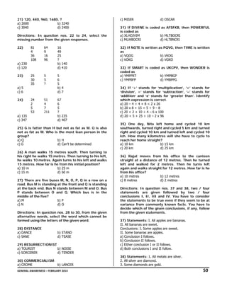 21) 120, 440, 960, 1680, ?
a) 2600
b) 3240
c) 3040
d) 2400
Directions: In question nos. 22 to 24, select the
missing number from the given responses.
22)

81
4
36
108

64
9
16
96

a) 230
c) 120
23)

25
30
35

5
5
?

a) 5
c) 6
24)

24
2
5
53

a) 135
c) 347

51
4
7
211

16
49
25
?
b) 140
d) 410
5
6
5
b) 4
d) 7
67
6
5
?
b) 235
d) 407

25) G is fatter than H but not as fat as M. Q is also
not as fat as M. Who is the most lean person in the
group?
a) Q
b) H
c) G
d) Can’t be determined
26) A man walks 15 metres south. Then turning to
his right he walks 15 metres. Then turning to his left,
he walks 10 metres. Again turns to his left and walks
15 metres. How far is he from his initial position?
a) 10 m
b) 25 m
c) 15 m
d) 60 m
27) There are five buses M, N, O, P, Q in a row on a
road. Bus M is standing at the front and Q is standing
at the back end. Bus N stands between M and O. Bus
P stands between O and Q. Which bus is in the
middle of the five?
a) M
b) P
c) N
d) O
Directions: In question nos. 28 to 30, from the given
alternative words, select the word which cannot be
formed using the letters of the given word.
28) DISTANCE
a) DANCE
c) SANE

b) STAND
d) TEASE

29) RESURRECTIONIST
a) TOURIST
b) NOISE
c) SORCERER
d) TENDER
30) COMMERCIALISM
a) CROME
b) LANCER

c) MISER

d) OSCAR

31) If DIVINE is coded as AFSFKB, then POWERFUL
is coded as
a) XLHOJVIM
b) MLTBOCRI
c) MLWBOCRI
d) HLTBNCRI
32) If NOTE is written as PQVG, then TIME is written
as
a) VQOG
b) VKOG
c) VOKG
d) VGKO
33) If SMART is coded as UKCPV, then WONDER is
coded as
a) YMPPRT
b) YMPBGP
c) YMPBFP
d) YMBPPG
34) If ‘+’ stands for ‘multiplication’, ‘<’ stands for
‘division’, ÷’ stands for ‘subtraction’, ‘–’ stands for
‘addition’ and ‘x’ stands for ‘greater than’. Identify
which expression is correct.
a) 20 – 4 ÷ 4 + 8 < 2 x 26
b) 20 x 8 + 15 < 5 ÷ 9 – 8
c) 20 < 2 + 10 ÷ 4 – 6 x 100
d) 20 < 5 + 25 ÷ 10 – 2 x 96
35) One day, Nita left home and cycled 10 km
southwards, turned right and cycled 5 km and turned
right and cycled 10 km and turned left and cycled 10
km. How many kilometres will she have to cycle to
reach her home straight?
a) 10 km
b) 15 km
c) 20 km
d) 25 km
36) Rajat moves from his office to the canteen
straight at a distance of 12 metres. Then he turned
left and walked for 2 metres. Then he turns left
again and walks straight for 12 metres. How far is he
from his office?
a) 10 metres
b) 12 metres
c) 8 metres
d) 2 metres
Directions: In question nos. 37 and 38, two / four
statements are given followed by two / four
conclusions I, II, III and IV. You have to consider
the statements to be true even if they seem to be at
variance from commonly known facts. You have to
decide which of the given conclusions, if any, follow
from the given statements.
37) Statements: I. All apples are bananas.
II. All bananas are sweet.
Conclusions: I. Some apples are sweet.
II. Some bananas are apples.
a) Conclusion I follows.
b) Conclusion II follows.
c) Either conclusion I or II follows.
d) Both conclusions I and II follow.
38) Statements: 1. All metals are silver.
2. All silver are diamond.
3. Some diamonds are gold.

GENERAL AWARENESS – FEBRUARY 2014                                                                                                                                                                                                     

   50 

 