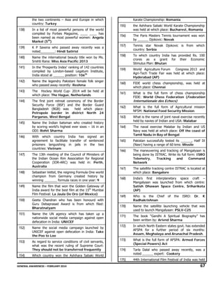 the two continents – Asia and Europe in which
country: Turkey

138)

In a list of most powerful persons of the world
compiled by Forbes Magazine, ____ ____ has
been named as most powerful women: Angela
Markel (5th)

Karate Championship: Romania

155)

the Ashihara Sabaki World Karate Championship
was held at which place: Bucharest, Romania

156)

The Paris Masters Tennis tournament was won
by ______ Djokovic: Novak

157)

Tennis star Novak Djokovic is from which
country: Serbia

158)

To which country India has provided Rs. 100
crores as a grant for their Economic
Stimulus Plan: Bhutan

159)

World Agriculture Forum
Congress 2013 and
Agri-Tech Trade Fair was held at which place:
Hyderabad (AP)

139)

K P Saxena who passed away recently was a
noted________: Hindi Satirist

140)

Name the international beauty title won by Ms.
Srishti Rana: Miss Asia Pacific 2013

141)

In the 'Prosperity Index' ranking of 142 countries
compiled by London-based Legatum Institute,
India stood at ______ position: 106th

142)

Name the legendry Pakistani female folk singer
who passed away recently: Reshma

160)

FIDE world chess championship, was held at
which place: Chennai

143)

The Hockey World Cup- 2014 will be held at
which place: The Hague, Netherlands

161)

144)

The first joint retreat ceremony of the Border
Security Force (BSF) and the Border Guard
Bangladesh (BGB) was
held which place:
Petropole border in district North 24
Parganas, West Bengal

What is the full form of chess championship
FIDE: World Chess Federation (Federation

Internationale des Echecs)

146)

Name the Indian batsman who created history
by scoring world’s highest ever sixes – 16 in an
ODI: Rohit Sharma
With which country India has signed an
agreement to facilitate transfer of sentenced
prisoners languishing in jails in the two
countries: Vietnam

147)

The 13th meeting of the Council of Ministers of
the Indian Ocean Rim Association for Regional
Cooperation (IOR-ARC) was held in: Perth,
Australia

148)

Sebastian Vettel, the reigning Formula One world
champion from Germany created history by
winning _______ formula races in one year: 9

149)

Name the film that won the Golden Gateway of
India award for the best film at the 15th Mumbai
Film Festival: La Jaula De Oro (of Mexico)

150)

Geeta Chandran who has been honourd with
Guru Debaprasad Award is from which filed:
Bharatnatyam

151)

Name the UN agency which has taken up a
nationwide social media campaign against open
defecation in India: UNICEF

152)

Name the social media campaign launched by
UNICEF against open defecation in India: Take
the Poo to Loo

153)

As regard to service conditions of civil servants,
what was the recent ruling of Supreme Court:
They should not be transferred frequently

154)

What is the full form of Agricultural mission
NFSM: National Food Security Mission

163)

What is the name of joint naval exercise recently
held by navies of Indian and USA: Malabar

164)

The naval exercise Malabar by Indian and US
Navy was held at which place: Off the coast of
Tamil Nadu in Bay of Bengal

165)

Pakistan successfully tested its ______, Hatf IX
(Nasr) having a range of 60 kms: Missile

166)

The maneuvering and tracking of Mangalyaan is
being done by ISTRAC. Write its full form: ISRO
Telemetry,
Tracking
and
Command
Network

167)

The satellite tracking centre ISTRAC is located at
which place: Bangalore

168)

India’s first interplanetary space craft –
Mangalyaan was launched from which centre:
Satish Dhawan Space Centre, Sriharikota
(AP)

169)

Who is the Chief
Radhakrishnan

170)

Name the satellite launching vehicle that was
used to launch Mangalyaan: PSLV-C25

171)

The book “Gandhi A Spiritual Biography” has
been written by: Arivnd Sharma

172)

In which North Eastern states govt. has extended
AFSPA for a further period of six months:
Assam, Meghalaya and Arunachal Pradesh.

173)

What is the full form of AFSPA: Armed Forces
(Special Powers) Act

174)

Tarla Dalal who passed away recently, was a
noted ______ expert: Cookery

175)

145)

162)

44th International Film Festival of India was held

Which country won the Ashihara Sabaki World

of

the

ISRO:

Dr.

GENERAL AWARENESS – FEBRUARY 2014                                                                                                                                                                                                           

K

67 

 