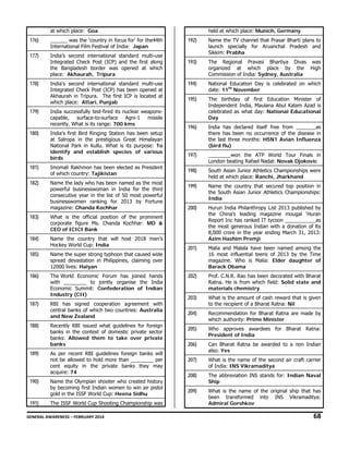 at which place: Goa

176)

______ was the ‘country in focus for’ for the44th
International Film Festival of India: Japan

177)

India’s second international standard multi-use
Integrated Check Post (ICP) and the first along
the Bangladesh border was opened at which
place: Akhaurah, Tripura

178)

India’s second international standard multi-use
Integrated Check Post (ICP) has been opened at
Akhaurah in Tripura. The first ICP is located at
which place: Attari, Punjab

179)

India successfully test-fired its nuclear weaponscapable, surface-to-surface Agni-1 missile
recently. What is its range: 700 kms

180)

India’s first Bird Ringing Station has been setup
at Salropa in the prestigious Great Himalayan
National Park in Kullu. What is its purpose: To
identify and establish species of various
birds

181)

Imomali Rakhmon has been elected as President
of which country: Tajikistan

182)

Name the lady who has been named as the most
powerful businesswoman in India for the third
consecutive year in the list of 50 most powerful
businesswomen ranking for 2013 by Fortune
magazine: Chanda Kochhar

183)

Name the country that will host 2018 men’s
Hockey World Cup: India

185)

Name the super strong typhoon that caused wide
spread devastation in Philippines, claiming over
12000 lives: Haiyan

186)

The World Economic Forum has joined hands
with ________ to jointly organise the India
Economic Summit: Confederation of Indian
Industry (CII)

187)

RBI has signed cooperation agreement with
central banks of which two countries: Australia
and New Zealand

192)

Name the TV channel that Prasar Bharti plans to
launch specially for Aruanchal Pradesh and
Sikkim: Prabha

193)

The Regional Pravasi Bhartiya Divas was
organized at which place by the High
Commission of India: Sydney, Australia

194)

National Education Day is celebrated on which
date: 11th November

195)

The birthday of first Education Minister of
Independent India, Maulana Abul Kalam Azad is
celebrated as what day: National Educational
Day

196)

India has declared itself free from _______as
there has been no occurrence of the disease in
the last three months: H5N1 Avian Influenza
(bird flu)

197)

________won the ATP World Tour Finals in
London beating Rafael Nadal: Novak Djokovic

198)

South Asian Junior Athletics Championships were
held at which place: Ranchi, Jharkhand

199)

Name the country that secured top position in
the South Asian Junior Athletics Championships:
India

200)

Hurun India Philanthropy List 2013 published by
the China’s leading magazine mougal ‘Huran
Report Inc has ranked IT tycoon ___________as
the most generous Indian with a donation of Rs
8,000 crore in the year ending March 31, 2013:
Azim Hashim Premji

201)

Malia and Malala have been named among the
16 most influential teens of 2013 by the Time
magazine. Who is Malia: Elder daughter of
Barack Obama

202)

Prof. C.N.R. Rao has been decorated with Bharat
Ratna. He is from which field: Solid state and
materials chemistry

203)

What is the amount of cash reward that is given
to the recipient of a Bharat Ratna: Nil

204)

Recommendation for Bharat Ratna are made by
which authority: Prime Minister

205)

Who approves awardees for Bharat Ratna:
President of India

206)

Can Bharat Ratna be awarded to a non Indian
also: Yes

207)

What is the name of the second air craft carrier
of India: INS Vikramaditya

208)

The abbreviation INS stands for: Indian Naval
Ship

209)

What is the name of the original ship that has
been transformed into INS Vikramaditya:
Admiral Gorshkov

What is the official position of the prominent
corporate figure Ms. Chanda Kochhar: MD &
CEO of ICICI Bank

184)

held at which place: Munich, Germany

188)

189)

190)

191)

Recently RBI issued what guidelines for foreign
banks in the context of domestic private sector
banks: Allowed them to take over private
banks
As per recent RBI guidelines foreign banks will
not be allowed to hold more than ________ per
cent equity in the private banks they may
acquire: 74
Name the Olympian shooter who created history
by becoming first Indian women to win air pistol
gold in the ISSF World Cup: Heena Sidhu
The ISSF World Cup Shooting Championship was

GENERAL AWARENESS – FEBRUARY 2014                                                                                                                                                                                                           

68 

 