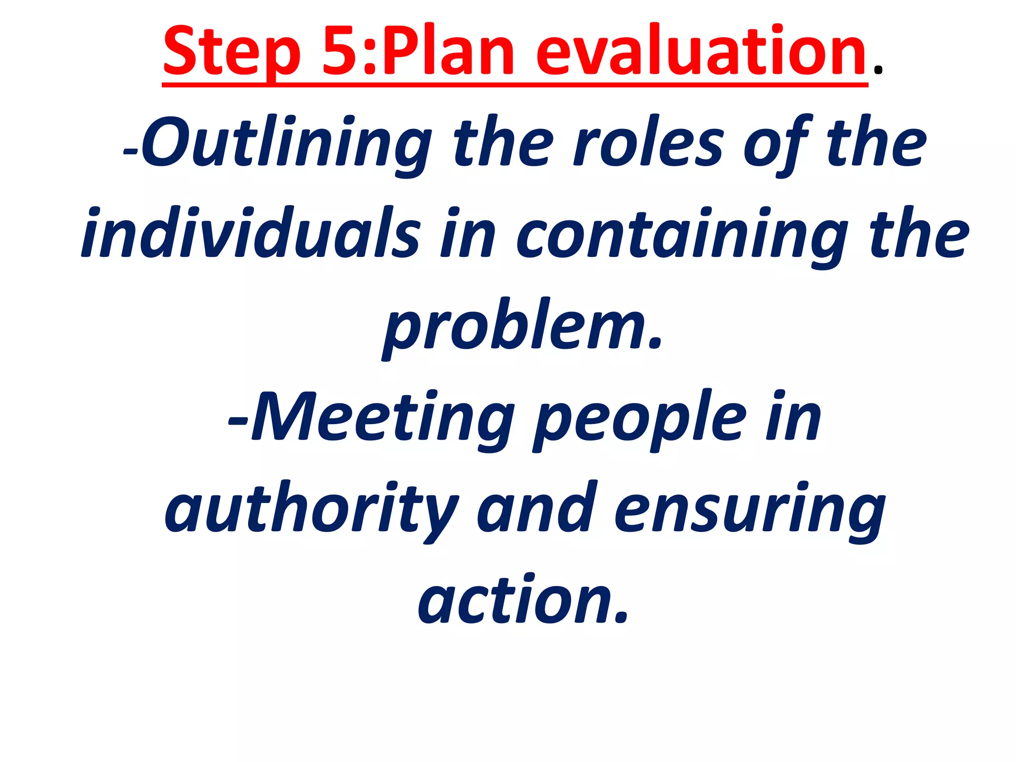 Step 5:Plan evaluation.
-Outlining the roles of the
individuals in containing the
problem.
-Meeting people in
authority and ensuring
action.
 