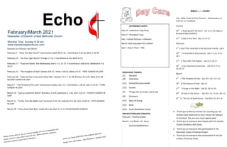 The Echo
February/March 2021
Newsletter of Epworth United Methodist Church
Worship Time: Sunday 9:30 am
www.massillonepworthumc.com
Sermons for February and March
February 7 - "Have You Not Heard?" Communion Isaiah 40:21-31, I Corinthians 9:16-23, Mark 1:29-39
February 14 - "Let Your Light Shine!" II Kings 2:1-12, II Corinthians 4:3-6, Mark 9:2-9
February 17 - "Dust and Ashes" Ash Wednesday Joel 2:1-2, 12-17, II Corinthians 5:20b-6:10, Matthew 6:1-6,
16-21
February 21 - "The Kingdom of God" Genesis 9:8-17, I Peter 3:18-22, Mark 1:9-15 - FIRST SUNDAY IN LENT
February 28 - "Take Up Your Cross and Follow Me!" Genesis 17:1-7, 15-18, Romans 4:13-25, Mark 8:31-38 -
SECOND SUNDAY IN LENT
March 7 - "The Temple of the Lord" Communion Exodus 20:1-17, I Corinthians 1:18-25, John 2:13-22 - THIRD
SUNDAY IN LENT
March 14 - "God so Loved the World" Numbers 21:4-9, Ephesians 2:1-10, John 3:14-21 - FOURTH SUNDAY IN
LENT
March 21 - "To Die That We Might Live" Jeremiah 31:31-34, Hebrews 5:5-10, John 12:20-33 - FIFTH SUNDAY
IN LENT
March 28 - "Every Knee Shall Bow" Isaiah 50:1-9a, Mark 11:1-11 PALM/PASSION SUNDAY
PRESCHOOL THEMES
2/1 Weather
2/8 Valentines
2/15 Dental/Personal Health
1/22 Sounds
3/1 Things that are Green and Crawl
3/8 Dinosaurs
3/15 Signs of Spring
3/22 Birds
3/29 Earth Week/Rain Forest
INFANT/TODDLERS CONCEPTS
February—Healthy Bodies
March—1st Week—Dr. Seuss
Animals/WildlifeFarm
UPCOMING EVENTS
Feb 14—Valentine’s Day Party
Feb 17—President’s Day
Feb —School Pictures—Lifetouch
March ASQ Evaluation for Children
April—Hop-A-Thon—TBD
 Thank you to Marcia Emmert for counting our col-
lections each week and to Larry Hinson for taking it
to the bank. You are very much appreciated.
 Thank you to everyone who helped with the socially
distant Breakfast with Santa.
 Thank you to everyone who participated in the
Mountain Vision Christmas Project.
 Thank you to everyone who participated in the Op-
eration Christmas Child.
Job – Bible Study by Paul Stevens – Wednesdays at
9:00 am on FaceBook
January
20th
1 Dueling with the Devil Job 1:1-2:10 https://
fb.watch/381amdN9zf/
27th
2 God in the Dark Job 2:11-4:17
February
3rd
3 God-Talk: How Not to Be Spiritual Friends Job 6
10th
4 If God Were Only Human Job 7:7-21; 9:14-
10:7
17th
5 The Faith That Rebels Job 13:1-14:17
24th
6 Our Heavenly Guarantor Job 16:7-17:3;
19:23-27
March
3rd
7 The Problem of Pain Job 20:1-19; 21:1-16
10th
8 The Silence of God Job 23
17th
9 Songs in the Night Job 35; 36:13-16
24th
10 God in the Storm Job 38:1-11, 31-41; 40:1-5
31st
11 The Joy of Repentance Job 40:6-14; 42:1-6
 