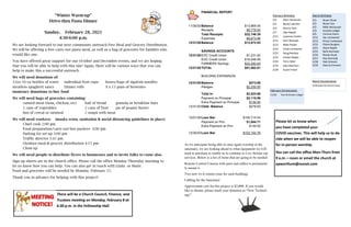 “Winter Warm-up”
Drive-thru Pasta Dinner
Sunday, February 28, 2021
4:30-6:00 p.m.
We are looking forward to our next community outreach Free Meal and Grocery Distribution.
We will be offering a free carry-out pasta meal, as well as a bag of groceries for families who
would like one.
You have offered great support for our October and December events, and we are hoping
that you will be able to help with this one! Again, there will be various ways that you can
help to make this a successful outreach .
We will need donations of:
12oz-16 oz bottles of water individual fruit cups boxes/bags of rigatoni noodles
meatless spaghetti sauce Dinner rolls 9 x 13 pans of brownies
monetary donations to buy food
We will need bags of groceries containing:
canned meat (tuna, chicken, etc) loaf of bread granola or breakfast bars
2 cans of vegetables 2 cans of fruit jar of peanut butter
box of cereal or oatmeal 2 soups with meat
We will need workers: (masks worn, sanitation & social distancing guidelines in place)
Chief cook 2:00 pm
Food preparation/carry-out box packers 3:00 pm
Parking lot set-up 3:00 pm
Traffic director 3:45 pm
Outdoor meal & grocery distribution 4:15 pm
Clean up
We will need people to distribute flyers to businesses and to invite folks to come also.
Sign up sheets are in the church office. Please call the office Monday-Thursday morning to
let us know how you can help. You can also get in touch with Linda or Marie.
Food and groceries will be needed by Monday, February 25.
Thank you in advance for helping with this project!
There will be a Church Council, Finance, and
Trustees meeting on Monday, February 8 at
6:30 p.m. in the Fellowship Hall.
.
February Birthdays
2/2 Allen Hendricks
2/2 Becky Labriola
2/3 Donna Yant
2/7 Jake Ripple
2/11 Lavonne Cindric
2/11 Sam Wimsatt
2/13 Mike Parker
2/22 Linda Lockwood
2/22 Doug Remley
2/23 Jordan Ripple
2/24 Terry Siber
2/25 Jake Eberhart
2/28 Susan Freed
February Anniversaries
12/20 Tom & Kristen Ledger
March Birthdays
3/1 Bryan Stuck
3/2 Bryan Cox
3/2 Nikki DeCeuster
3/3 Kassidy Ledger
3/5 Corinne Davis
3/12 Zac Lockwood
3/13 Krissy Lockwood
3/15 Elaine Burgess
3/21 Alyce Ripple
3/22 Barb Kennedy
3/24 Randy Stuck
3/27 Ray Kennedy
3/28 Deb Scheetz
3/29 Marcia Emmert
March Anniversaries
3/30 Mark & Cheryl Carter
Please let us know when
you have completed your
COVID vaccines. This will help us to de-
cide when we will be able to reopen
for in-person worship.
You can call the office Mon-Thurs from
9 a.m.—noon or email the church at
epworthum@sssnet.com
FINANCIAL REPORT
11/30/20Balance $13,969.45
Receipts $8,776.93
Total Receipts $22,746.38
Expenses $9,673.46
12/31/20Balance $13,072.93
SAVINGS ACCOUNTS
12/31/20EOC Credit Union $1,231.92
EOC Credit Union $18,048.06
FARMERS Savings $32,282.63
12/31/20TOTAL $51,562.61
BUILDING EXPANSION
12/31/20Balance $273.66
Pledges $2,250.00
Total In- $2,523.66
Payment on Principal $2,115.06
Extra Payment on Principal $130.00
12/31/20Ckbk. Balance $278.60
12/01/30Loan Bal- $105,714.53
Payment on Prin. $1,844.71
Extra Payment on Prin. $130.00
12/30/20Loan Bal- $103,744.76
As we anticipate being able to once again worship in the
sanctuary, we are looking ahead to what equipment we will
need to purchase to enable us to continue to Live Stream our
services. Below is a list of items that are going to be needed:
Remote Control Camera with parts and cables to permanent-
ly mount it
Two new wi-fi routers (one for each building)
Cabling for the Sanctuary
Approximate cost for this project is $3,000. If you would
like to donate, please mark your donation as “New Technol-
ogy”.
 