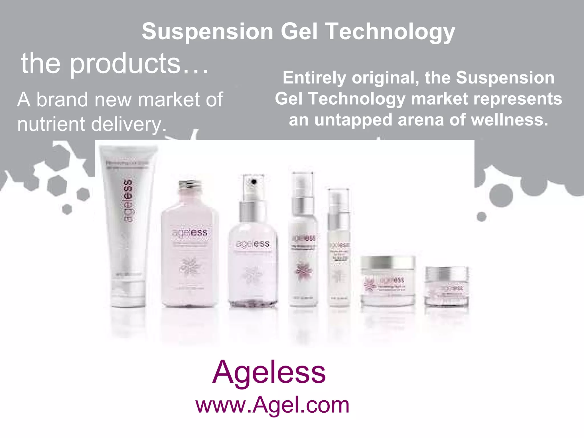 the products… A brand new market of nutrient delivery. Ageless www.Agel.com Entirely original, the Suspension Gel Technology market represents an untapped arena of wellness. Suspension Gel Technology 