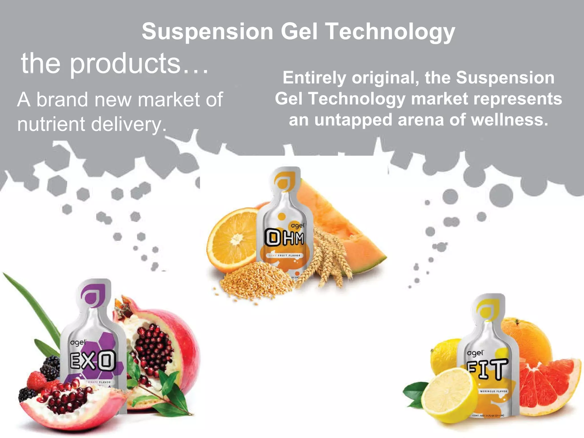 the products… A brand new market of nutrient delivery. Entirely original, the Suspension Gel Technology market represents an untapped arena of wellness. Suspension Gel Technology 