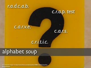 r.a.d.c.a.b.
                                                                               c.r.a.p. test

                   c.a.r.v.e.
                                                                                c.a.r.s.
                                                c.r.i.t.i.c.
alphabet soup
CC-licensed image via http://www.ﬂickr.com/photos/lwr/4486713705/sizes/l/in/
photostream/
 