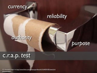 currency
                                                                       reliability


              authority
                                                                                        purpose

c.r.a.p. test
CC-licensed image via http://www.ﬂickr.com/photos/gorillasushi/3164059182/sizes/z/in/
photostream/
 