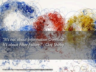 “It’s not about Information Overload.
It’s about Filter Failure.” - Clay Shirky




CC-licensed image via http://www.ﬂickr.com/photos/25064547@N06/2568436053/
 