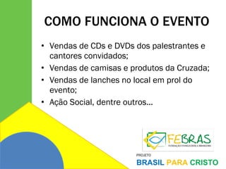 COMO FUNCIONA O EVENTO Vendas de CDs e DVDs dos palestrantes e cantores convidados; Vendas de camisas e produtos da Cruzada; Vendas de lanches no local em prol do evento; Ação Social, dentre outros... 