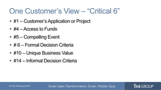 © The TAS Group 2015
One Customer’s View – “Critical 6”
•  #1 – Customer’s Application or Project
•  #4 – Access to Funds
•  #5 – Compelling Event
•  # 6 – Formal Decision Criteria
•  #10 – Unique Business Value
•  #14 – Informal Decision Criteria
 