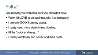 © The TAS Group 2015
Poll #1
Top reason you worked a deal you shouldn’t have:
•  Wow, I’d LOVE to do business with that company.
•  I am only $XXK from my quota.
•  I really need more deals in my pipeline.
•  It’ll be “quick and easy…”
•  I qualify ruthlessly and never work bad deals.
 